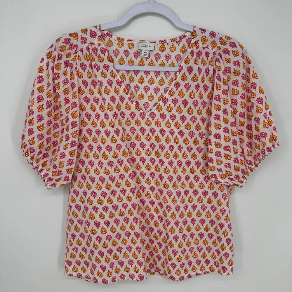 J. Crew Pink and Yellow Printed V-Neck Puff Sleeve Blouse